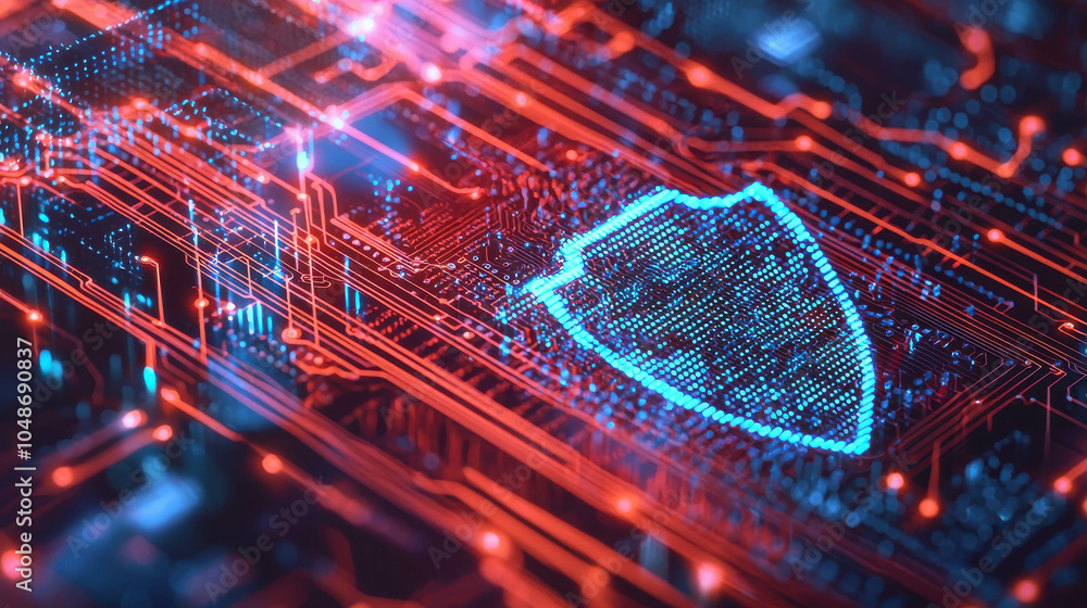 Poster cybersecurity shield: a digital shield glows with blue light, hovering over a circuit board, symboli