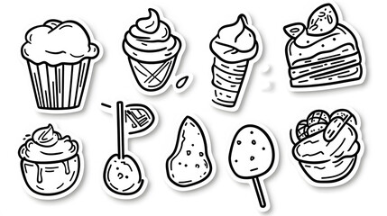 Ice cream icon set featuring various dessert illustrations like cupcakes, candies, and sweet treats, perfect for food-related designs and collections