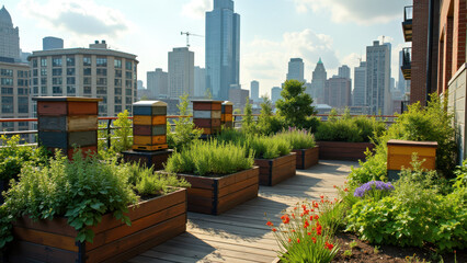 Fototapeta premium A vibrant city rooftop garden with wooden planters, plants, and beehives under a sunny sky.