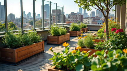 Urban rooftop garden with potted plants and cityscape view.