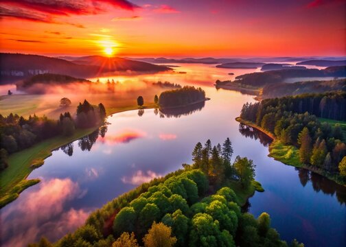 Vibrant Aerial Sunrise Over Feringasee in Unterfoehring - Stunning Night Photography