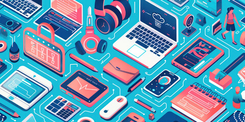 Banner with vibrant, seamless pattern featuring various colorful gadgets and accessories, including laptops, smartphones, headphones, and other tech items