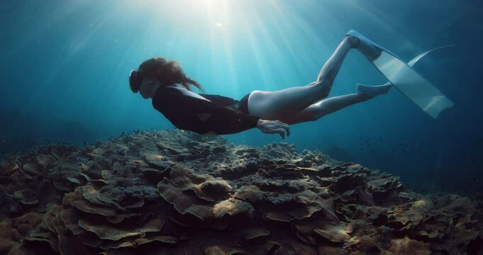 Woman freediver dives in tropical sea over corals with underwater sun rays. Freediving with beautiful slim woman