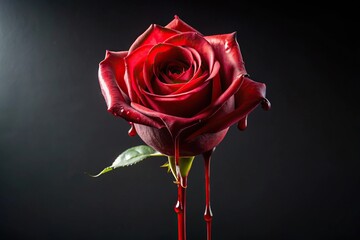 Blood dripping from a crimson rose stem onto a dark background, floral, blood