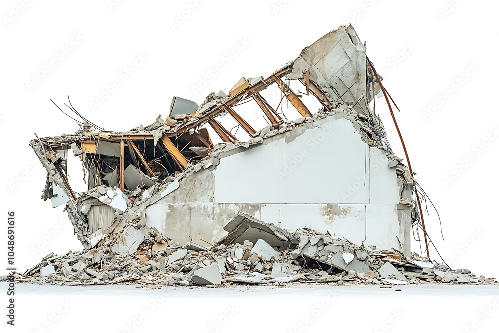 Poster a collapsed building showcasing the aftermath of demolition and structural failure.