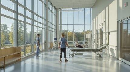 physical therapist assisting a patient with exercises in a spacious rehab center