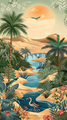 desert oasis art, vivid desert oasis with palm trees, water, birds, and flowers in warm hues against an expansive landscape, evoking a serene, life-giving oasis vibe