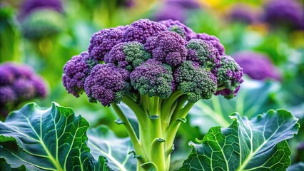 Broccoli plant with a variety of green and purple shades on the stem and leaves, purple, broccoli, green