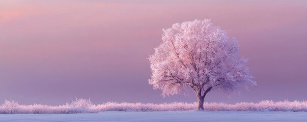 A serene landscape featuring a solitary tree adorned with delicate pink blossoms, set against a soft, pastel sky. The peaceful scene evokes tranquility and natural beauty.