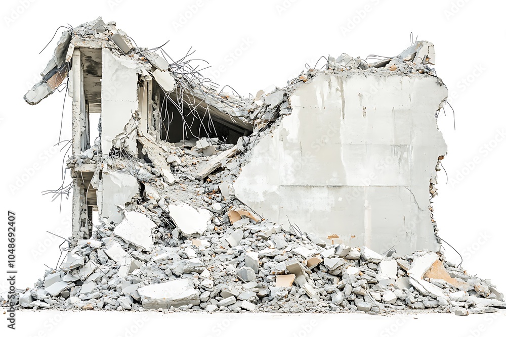 Poster a collapsed building with debris and exposed structural elements.