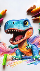 A simple, fun drawing of a dinosaur for kids, with a rounded body, big eyes, short legs, and a friendly smile. 