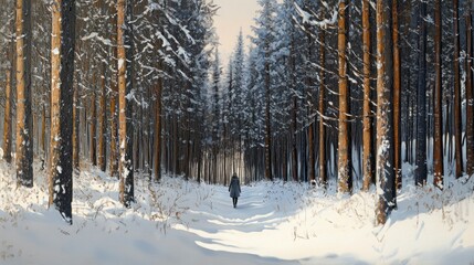 Fototapeta premium A person is walking through a snowy forest