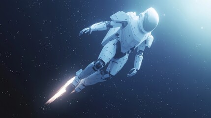 A futuristic astronaut with a jetpack flies through space, leaving a trail of fire.