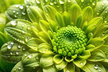 Close-up of a chartreuse flower with dew drops and leaves dripping off its petals, leaves, drops, chartreuse, petal