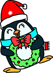 Hand drawn Christmas Penguin Cartoon Illustration