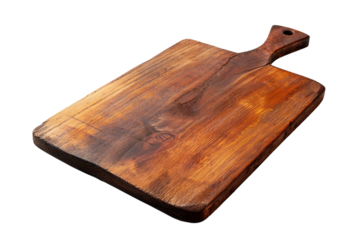 Sustainable wooden cutting board with a natural grain finish isolated on transparent background