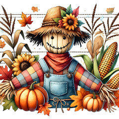 A friendly scarecrow with autumn decorations.
