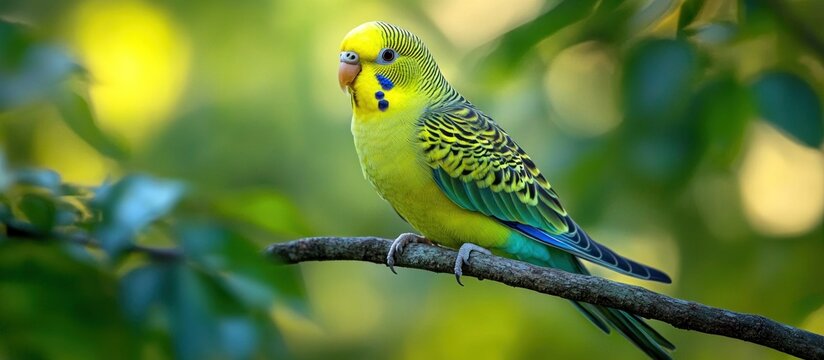 A green budgerigar perches on a branch in a green tree.