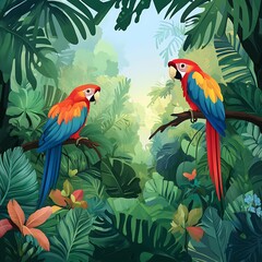 Two vibrant parrots perched in a forest filled with flowers.