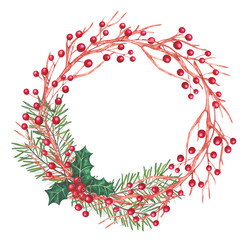 Christmas watercolor hand drawn wreath illustration. Christmas wreath made of watercolor branches of different winter plants. Decor for Christmas and New Year holiday decorations.