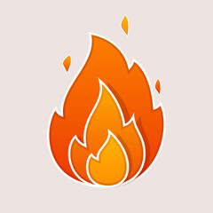 Fire flame icon with outline and bright burning sparks isolated on white background. Vector 3d illustration.