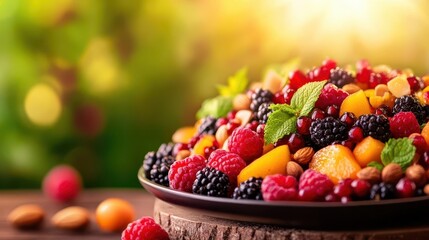 Fresh summer fruit salad with blackberries  raspberries  cranberries  almonds and mint
