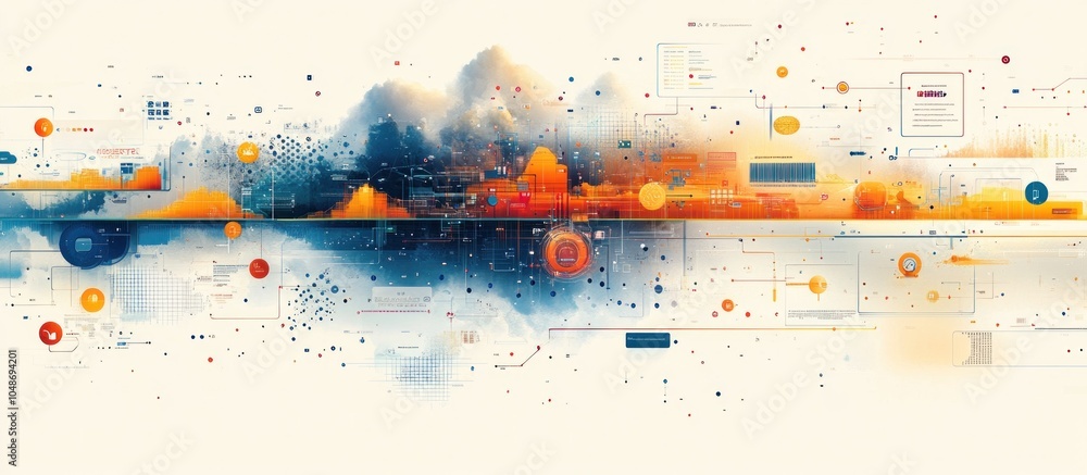 Poster abstract digital illustration with a cloudy horizon and a connected network of data points, symbols,
