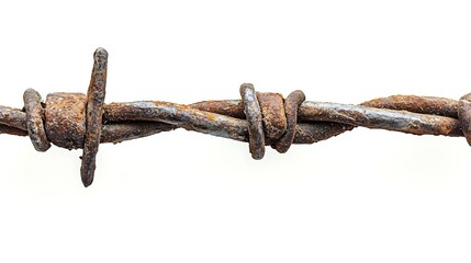 A close-up of rusty barbed wire against a white background, illustrating decay and confinement.