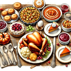 A table set with a Thanksgiving dinner.