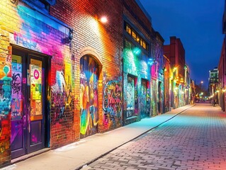 vibrant street scene at night featuring colorful graffiti art on brick walls, reflecting urban culture and creativity under the glow of streetlights