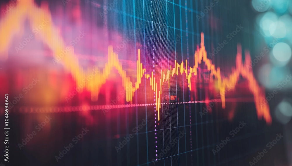 Poster a vibrant, abstract representation of a fluctuating financial chart, showcasing dynamic trends and d