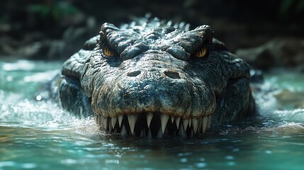Obraz premium A close-up of a crocodile's head with sharp teeth and piercing yellow eyes, lurking in the water.