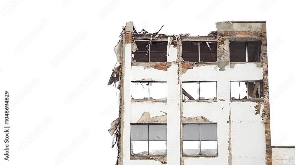 Poster a partially demolished building with exposed structure and empty windows against a white background.