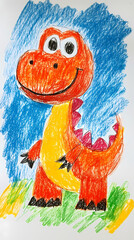 Naklejka premium A simple, fun drawing of a dinosaur for kids, with a rounded body, big eyes, short legs, and a friendly smile. 