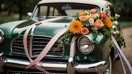 Vintage car decorated with flowers and ribbons for wedding