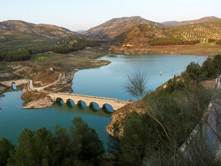 Bridge over the Iznajar reservoir. Cordoba, Andalusia, Spain.