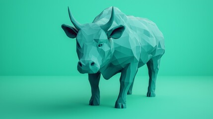 Obraz premium A stylized, geometric representation of a bull stands on a vibrant turquoise background, showcasing a modern art aesthetic.