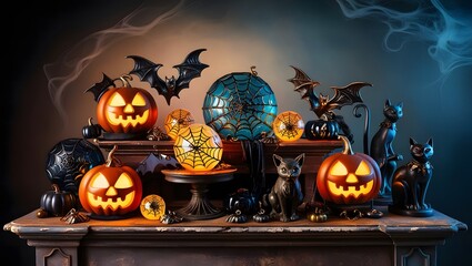  hauntingly beautiful digital illustration of a Halloween-themed still life composition.