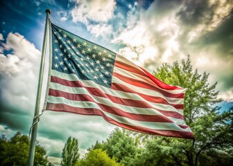 Vintage American Flag Waving in the Wind - Rustic Patriotic Imagery for Historical and Cultural Themes
