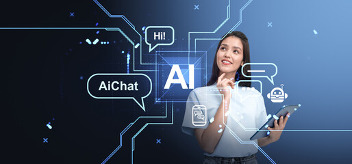Young woman with tablet and AI technology hologram, chat bot icons