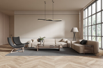 Modern living room with neutral furniture and stylish lighting. 3D Rendering
