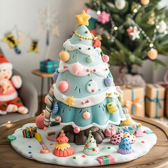 Christmas theme of Pastel Cartoon Christmas Tree, a charming 3D clay design featuring vibrant colors and a whimsical style, perfect for festive decor.