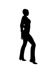Silhouette of a girl in trousers, shirt and glasses. The girl stands with one leg forward and one hand on her hip. Vector illustration.