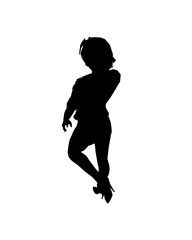 Silhouette of a girl in trousers, shirt and high heels. The girl stands with one leg raised back and one hand raised to her head. Vector illustration.