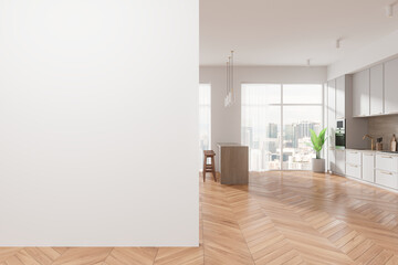 Elegant home kitchen interior with bar island and cabinet, window. Mockup wall
