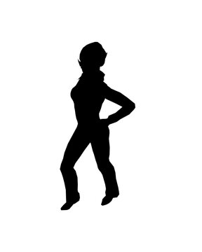 recommend clip art: Silhouette of a girl in trousers, shirt and glasses. The girl stands with one leg forward and one hand on her hip. Vector illustration.