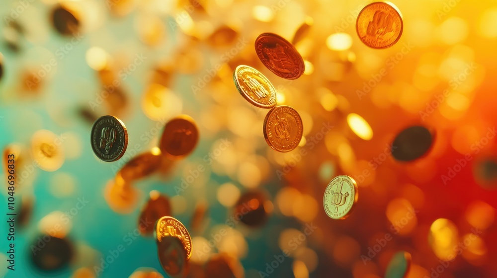 Poster Coins tumble downward with a soft blur behind, creating a vibrant scene that captures wealth in motion