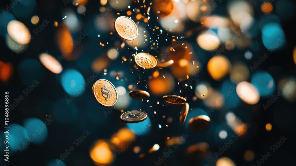 Aufkleber Coins tumble downward with a soft blur behind, creating a vibrant scene that captures wealth in motion