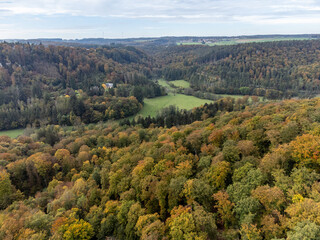 Aerial view on Mullerthal, Luxembourg's Little Switzerland, hiking routes, rock formations, moss-covered forests, tourist destination in Europe