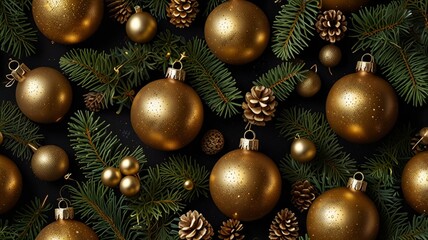 Pine branches decorated with various golden Christmas ornaments. The decorations include glitter balls and pine cone ornaments, creating a festive atmosphere.